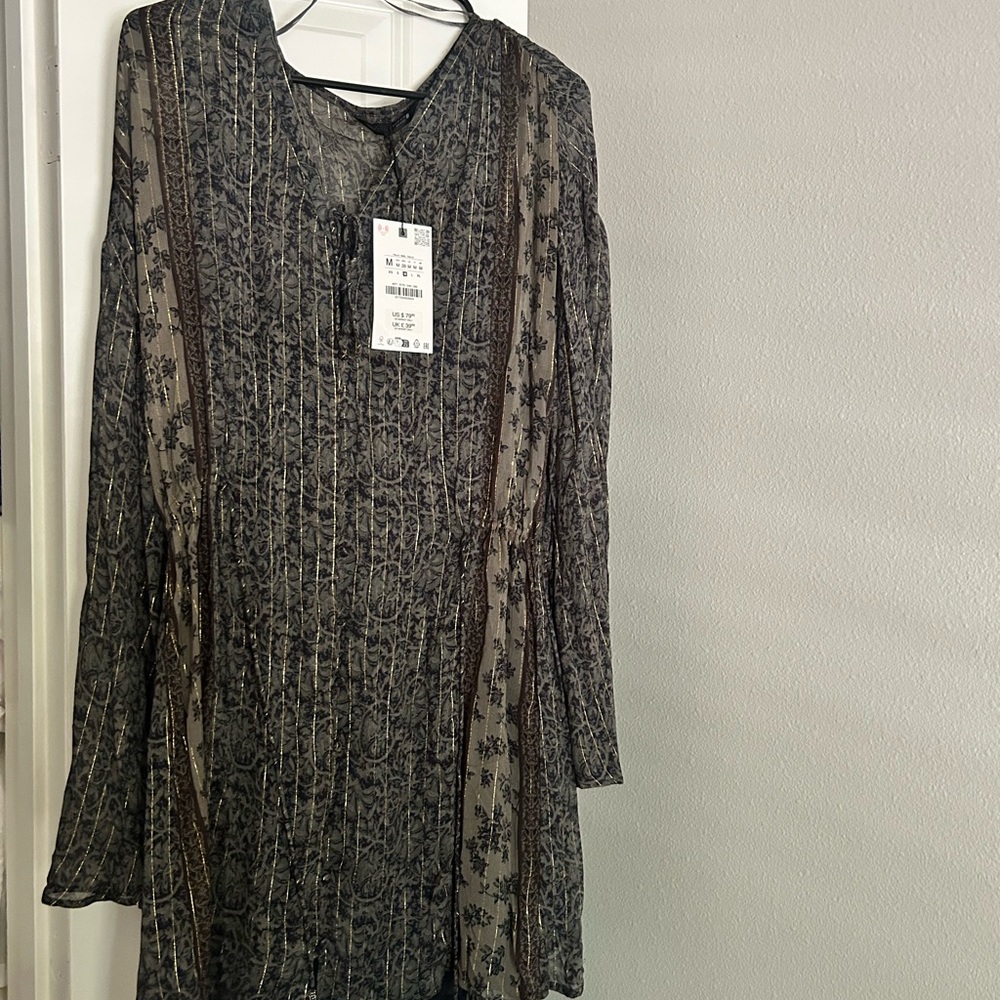 Zara Black Sheer Long-Sleeve Floral Tunic Dress